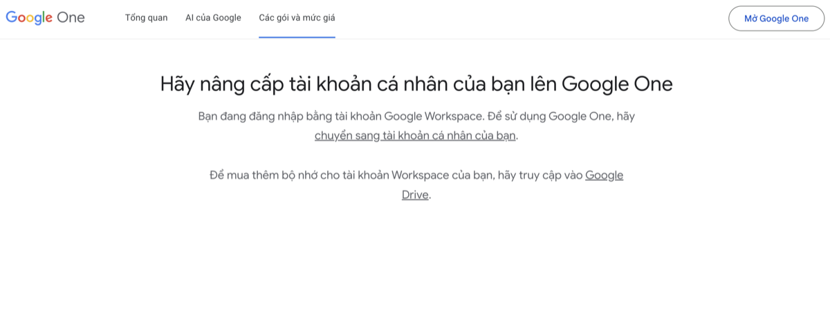 The screen shows that Google Workspace accounts are ineligible to purchase the Gemini Advanced upgrade directly.