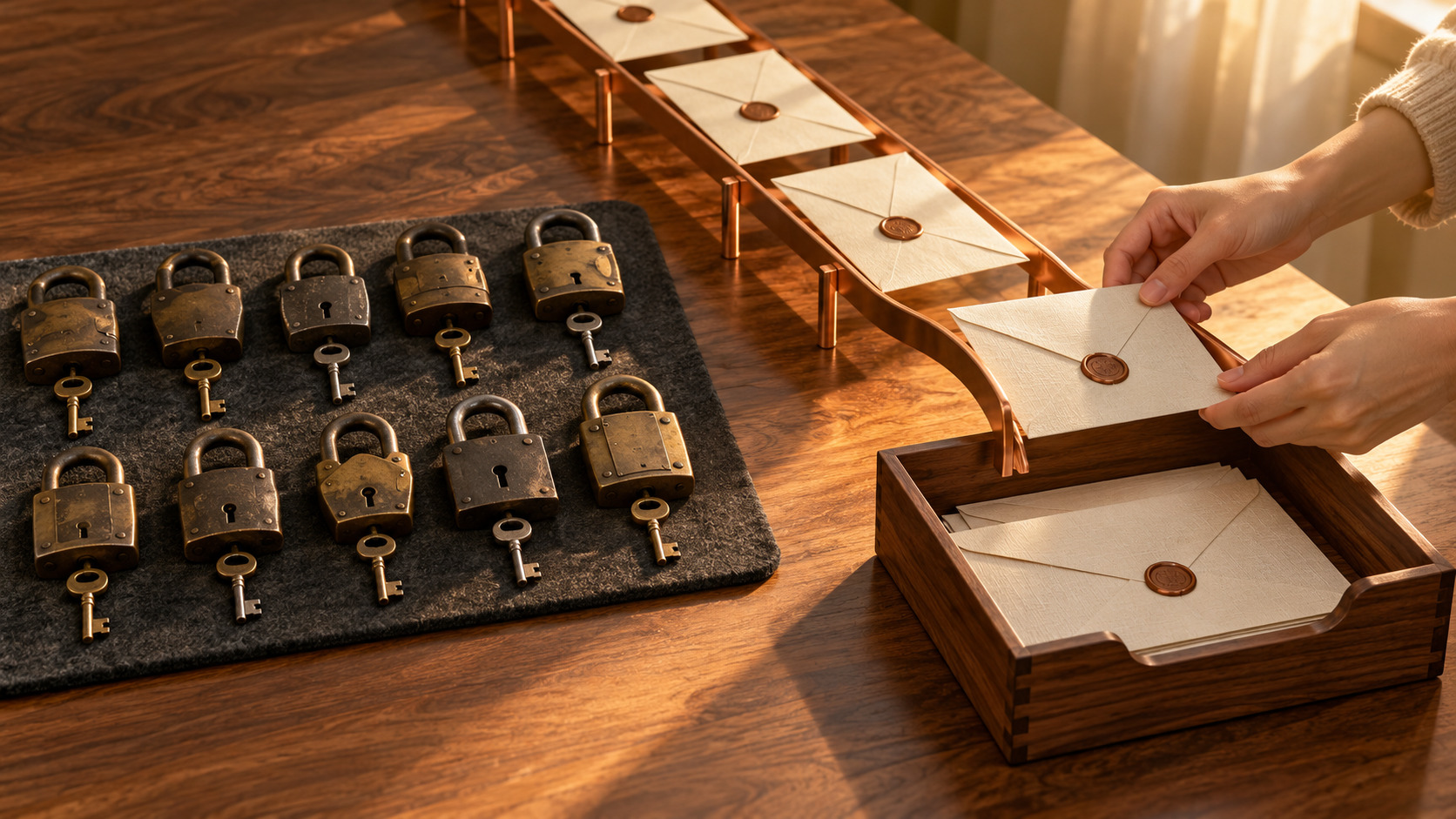 Ten heavy brass padlocks lined up on a dark felt mat next to a copper chute guiding linen envelopes into a single wooden tray.