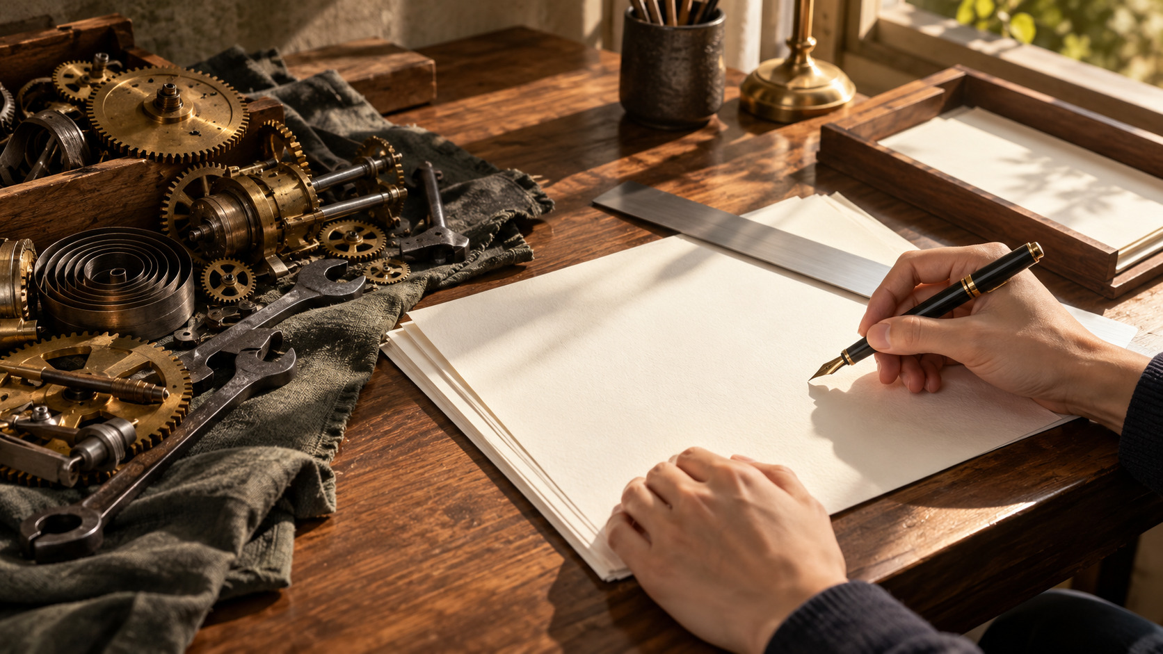 Heavy brass clockwork gears set aside on a dark cloth while calm hands hold a fountain pen over crisp cotton sheets.