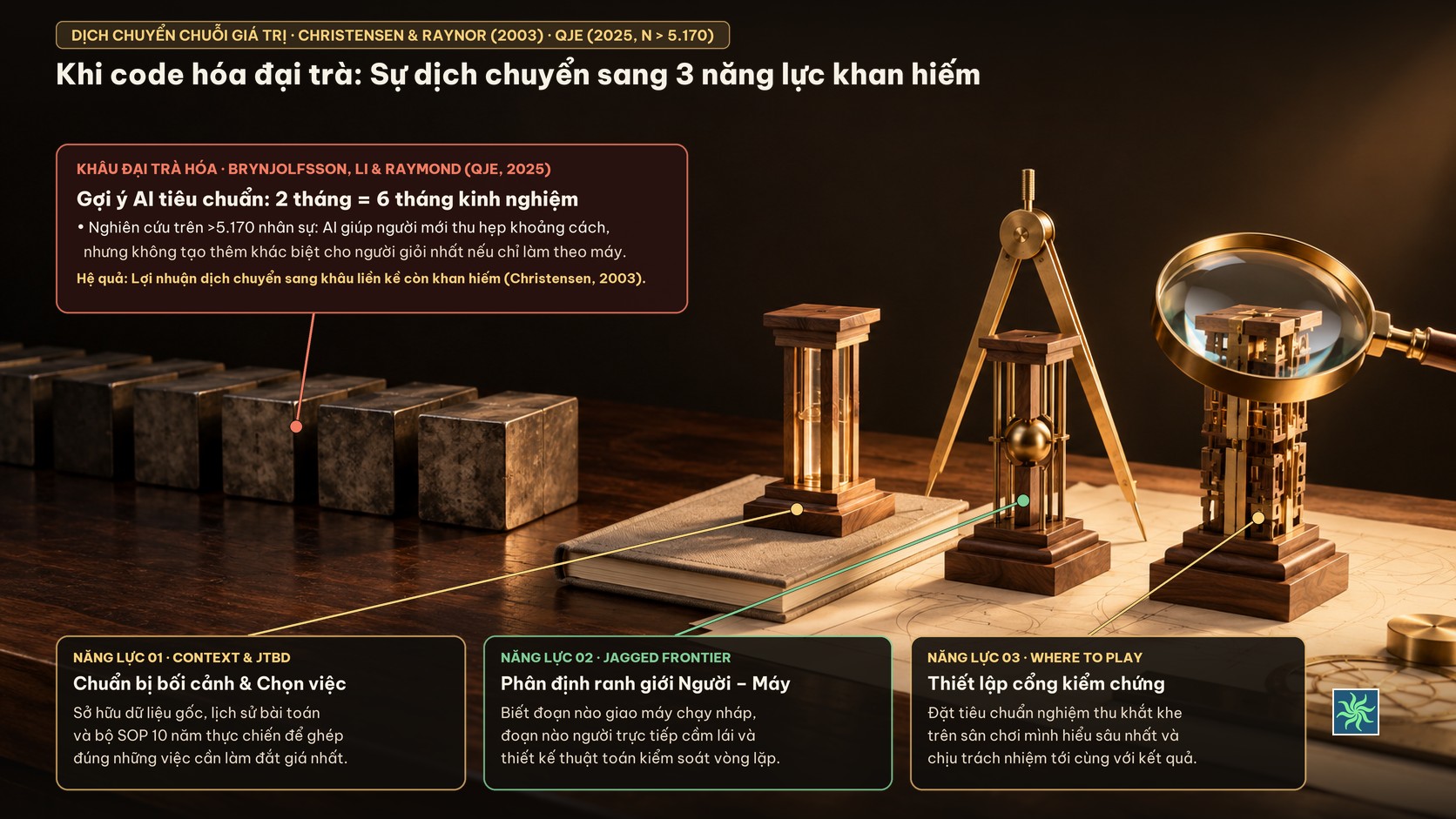 Mô hình sự dịch chuyển chuỗi giá trị theo Christensen và Raynor (2003) cùng 3 năng lực khan hiếm tạo lợi thế cho người làm nghề lâu năm theo nghiên cứu của Brynjolfsson, Li và Raymond (2025).